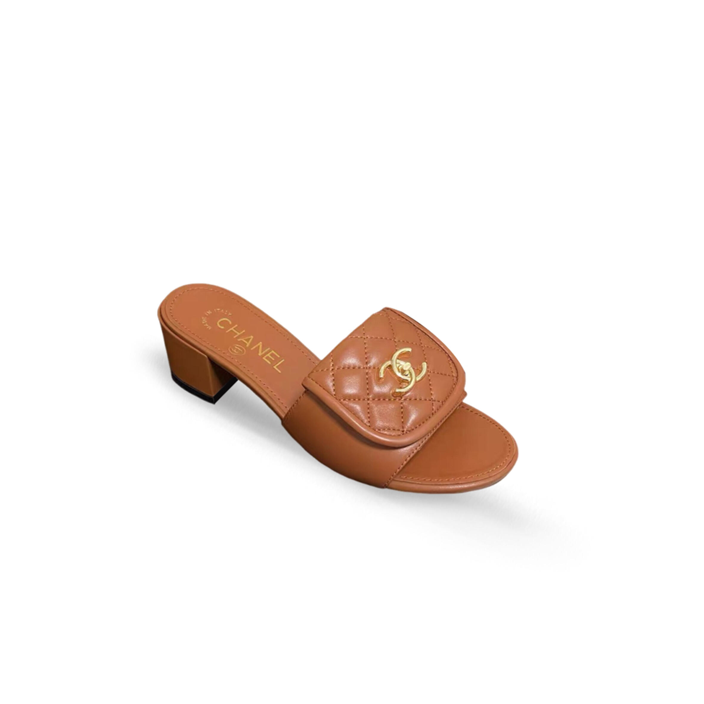 Ch**el lambskin quilted turnlock slippers mules